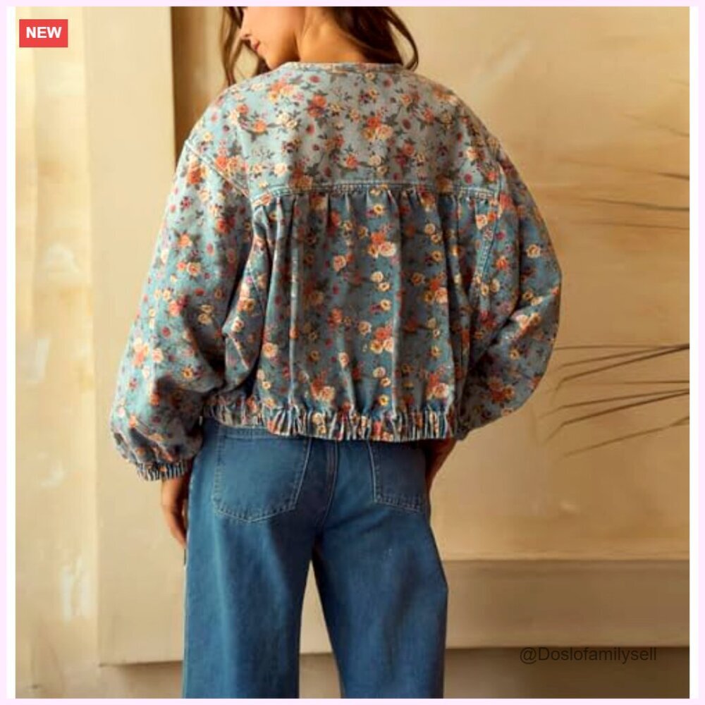 Oversized Denim Bomber Jacket Floral Print Boyfriend Fit Women's Casual - Picture 2 of 6